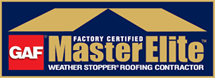 GAF Master Elite certification logo showing Surebuild Roofing LLC’s premium roofing expertise.