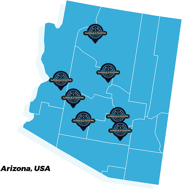 Service area map showing Surebuild Roofing LLC coverage throughout the Verde Valley region, including Cottonwood, Arizona.